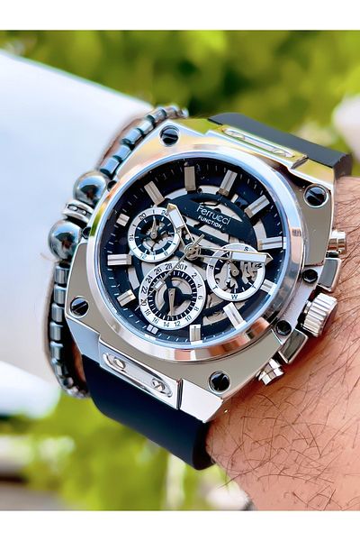 Ferrucci Ferrucci̇ New 2024 Function Silicone Cord Steel Case Men's Wrist Watch + Bracelet with Gift