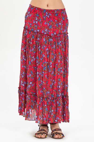 Eliş Şile Bezi Buse Voile Long Summer Skirt Bud Pattern Red 6164