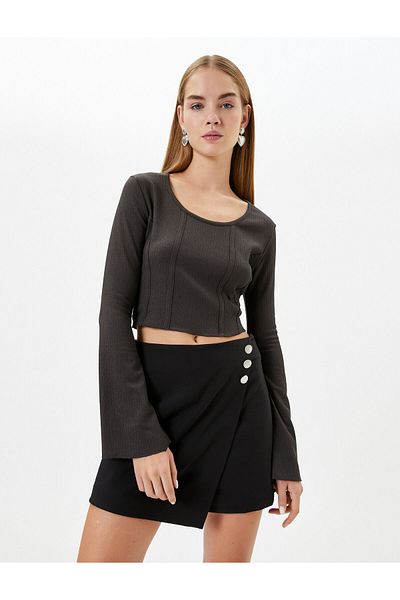 Koton Crop Bluse Korsett Detaillierte Langarm U-Ausschnitt Rippen Wrap