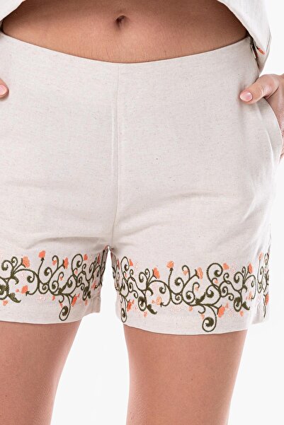 Eliş Şile Bezi Hazan Keten Nakışlı Kısa Yazlık Otantik Şort Krem Krm