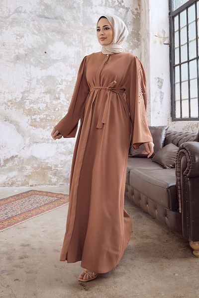 VAVİNOR Rona Arms Patterned Abaya - Camel