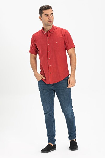 Eliş Şile Bezi Short Sleeve Slim Fit Şile Cloth Single Pocket Men's Summer Shirt Red 3051