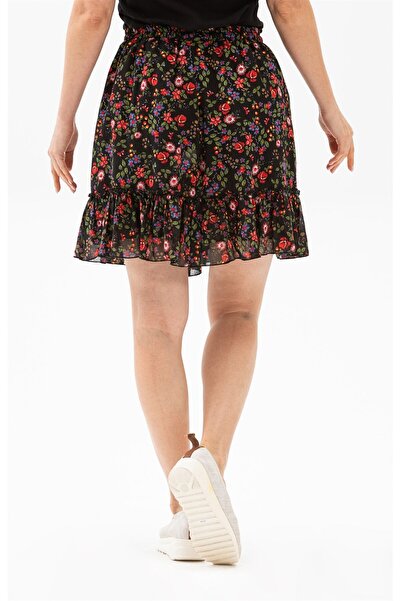 Eliş Şile Bezi Buse Voile Short Summer Skirt Bud Pattern Black 6162