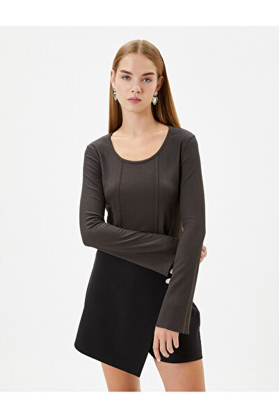 Koton Crop Blouse Corset Detailed Long Sleeve U Neck Ribbed Wrap