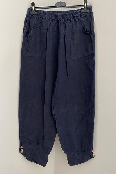 AYASOFYA OTANTIK Women's Italian Navy Blue Waist Pants, Pocket Button Details and Loose Linen