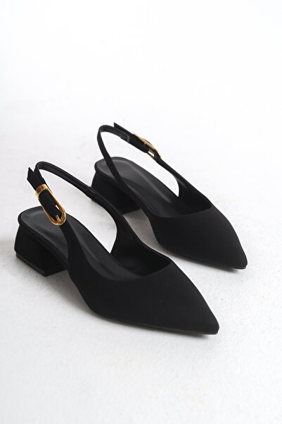 Entella Store Women's Black Suede Buckle Strap New Season Short 3 cm Heeled Shoes