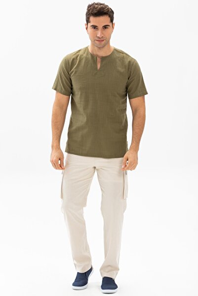 Eliş Şile Bezi Ανδρικό καλοκαιρινό μπλουζάκι με κοντό μανίκι Sile υφασμάτινο λαιμόκοψη Khaki 3049