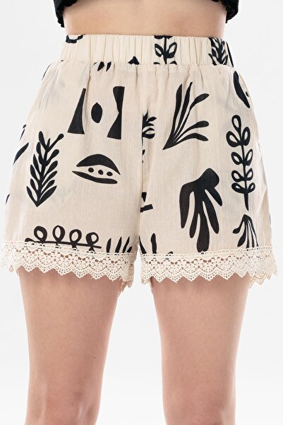Eliş Şile Bezi Akyaka Sile Cloth Elastic Guipure Detail Short Summer Authentic Shorts Cream Red
