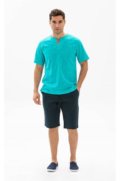 Eliş Şile Bezi Ανδρικό κοντομάνικο μπλουζάκι με λαιμόκοψη τιρκουάζ καλοκαίρι 3054