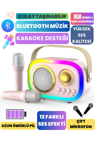 jhy K5 2 Mikrofonlu Bluetooth Bağlantılı Karaoke Hoparlör 2025 Pembe