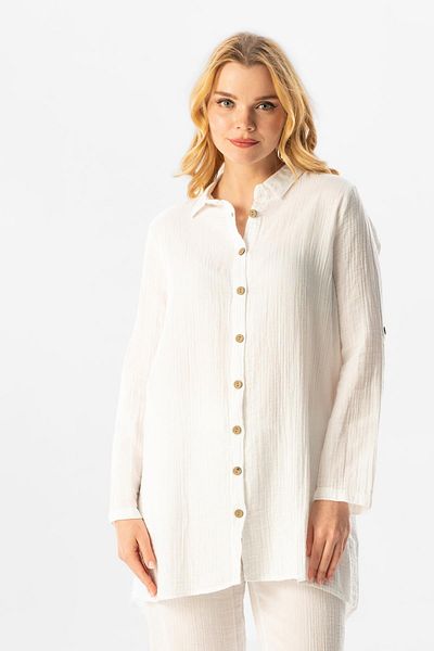 Eliş Şile Bezi Long Foldable Sleeve Sedentary Shirt Collar Summer Muslin Tunic White Byz