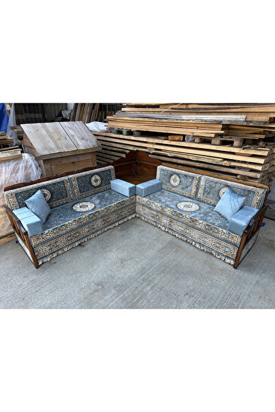 Sultan Sedir Hanzade Tam Turkuaz Şark Köşesi - 2x185cm Ahşap Köşeli L Takım (...