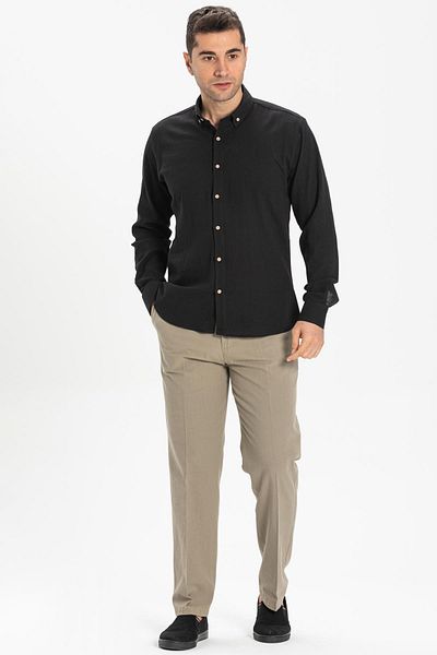 Eliş Şile Bezi Long Arm, Slim Fit Şile Cloth - Single Pocket Men's Summer Shirt (Black) 3003