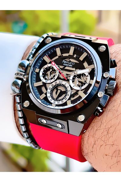 Ferrucci Ferrucci̇ New 2024 Function Silicone Cord Steel Case Men's Wrist Watch + Bracelet with Gift