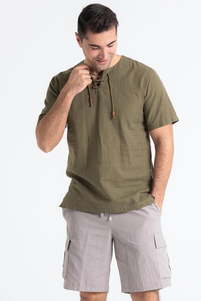 Eliş Şile Bezi Short Sleeve Şile Cloth Studded Men's Summer Tshirt Khaki 3049