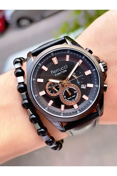 Ferrucci Leather Cord Steel Case Function Men's Wristwatch + Bracelet with Gift