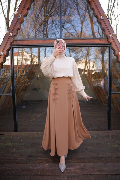 Nissra Ankanoor Dark Camel Bow Λινό Φούστα Anka257554