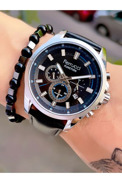Ferrucci Leather Cord Steel Case Function Men's Wristwatch + Bracelet with Gift