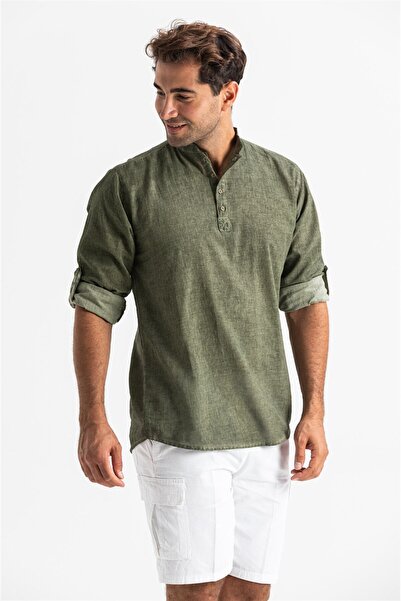 Eliş Şile Bezi Μακρυμάνικο βαμβακερό Bodrum Ανδρικό καλοκαιρινό μπλουζάκι Khaki 9008