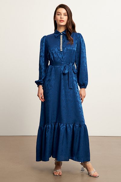 VAVİNOR Royal Jewelled Jacquard Dress - Indigo
