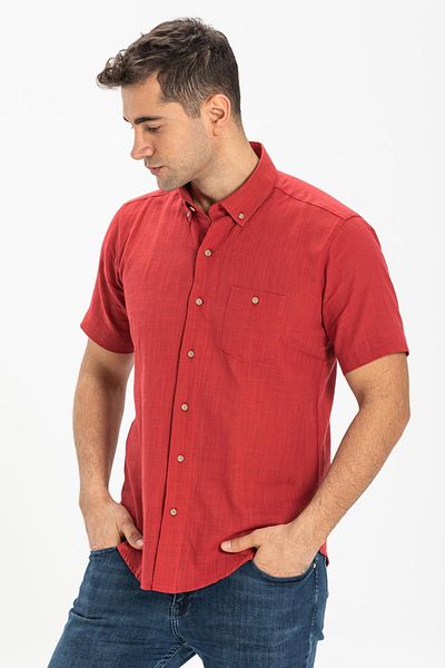 Eliş Şile Bezi Short Sleeve Slim Fit Şile Cloth Single Pocket Men's Summer Shirt Red 3051