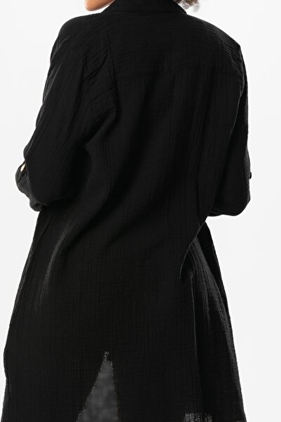 Eliş Şile Bezi Μακρύ πτυσσόμενο μανίκι καθιστικό πουκάμισο γιακάς καλοκαιρινό μουσελίνα τουνίκ μαύρο Syh