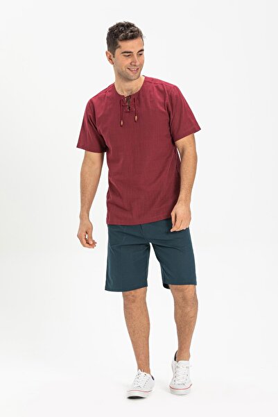 Eliş Şile Bezi Ανδρικό καλοκαιρινό μπλουζάκι με κοντό μανίκι, υφασμάτινο, με καρφώματα, σκούρο μπορντό 3068