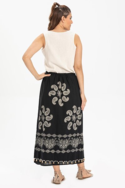 Eliş Şile Bezi Stone Print Sun Pattern Summer Skirt Black Syh Şile Cloth