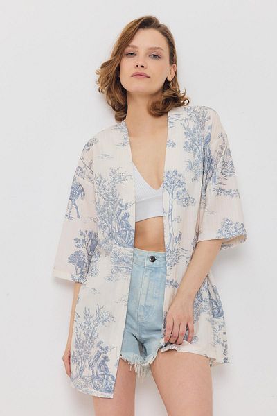 Rays Kimono cu mânecă scurtă florală - Albastru