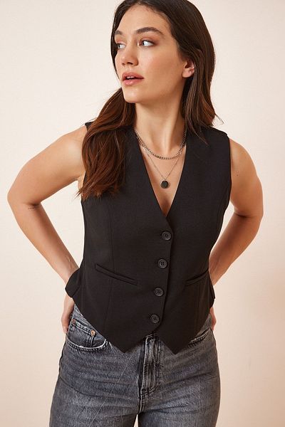 BE CHİC Women's Black Fitted Short Woven Vest Tw1000