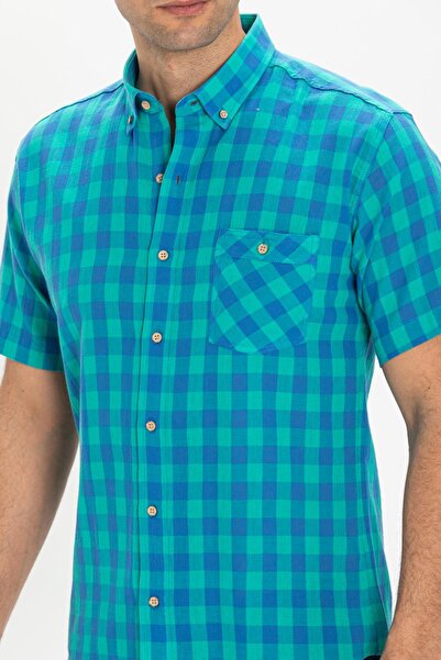 Eliş Şile Bezi Μεγάλου μεγέθους κοντομάνικο υφασμάτινο μονότσεπο ανδρικό πουκάμισο μέντα Checked 3033
