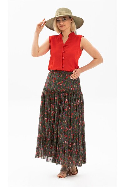 Eliş Şile Bezi Buse Voile Long Summer Skirt Bud Pattern Green 6170