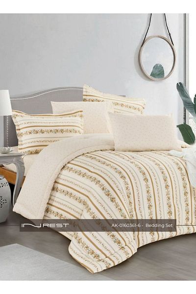 INREST 6-Piece Bedding Set – King Comforter (230×250 cm) 100% Cotton Light Yellow and Golden Brown