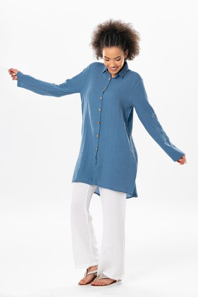 Eliş Şile Bezi Long Foldable Sleeve Sedentary Shirt Collar Summer Muslin Tunic Indigo indg