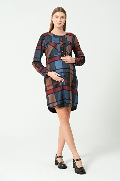 BUSA Hamile Ekose Önden Düğmeli Elbise BORDO