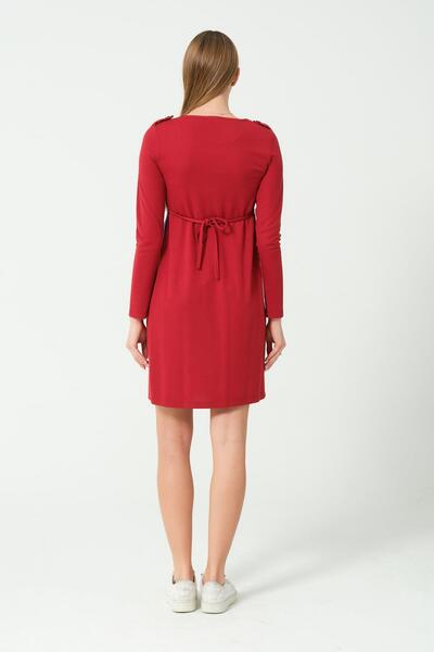 BUSA Red Color Long Sleeve Dress - Block Motif Intermediate Length
