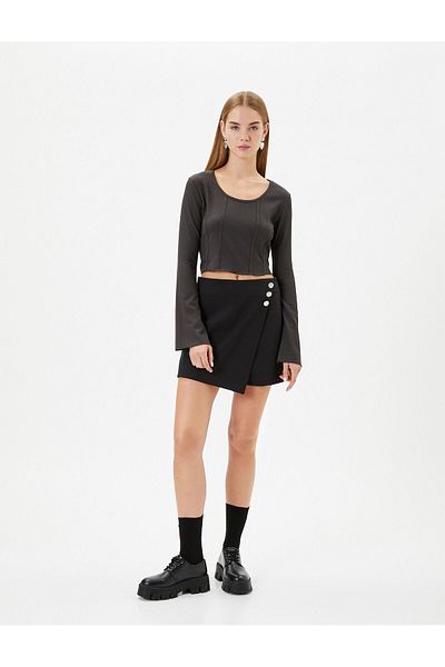 Koton Crop Bluse Korsett Detaillierte Langarm U-Ausschnitt Rippen Wrap