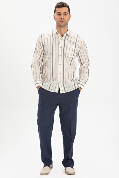 Eliş Şile Bezi Uzun Kol Şile Bezi Tek Cepli Erkek Yazlık Gömlek Ekru Gri Çizgili 3028