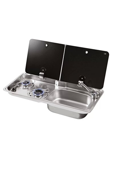 CAN 1765-e Cam Kapaklı 2 Gözlü Ocak Evye Kombinasyonu ((MUSLUK DAHİL)