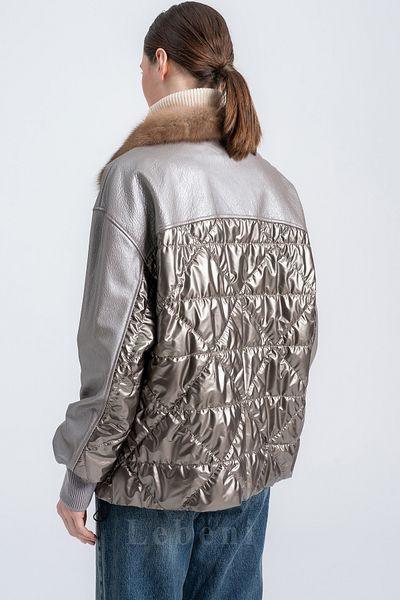 Lebeni Women's Shiny Gray Leather and Puffer Coat - Mink Collar Jacket