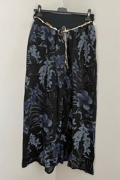 AYASOFYA OTANTIK Women's Italian Black Rope Belt Detailed Side Pocket Floral Patterned Wide Leg Linen Trousers