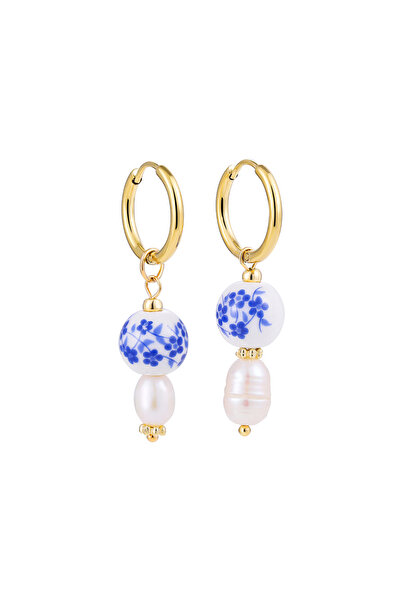 Choice3 أقراط متدلية من السيراميك على شكل قلب من اللؤلؤ والزهور الزرقاء البيضاء غير المتماثلة من Style1 للنساء