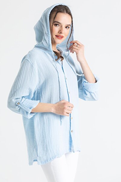 Eliş Şile Bezi Γυναικεία καλοκαιρινή μουσελίνα φούτερ με μακρυμάνικη κουκούλα Ice Blue Bmv