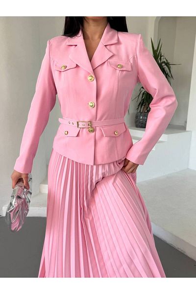 buqre's moda Premium Pleated Gold Buttoned Belted Jacket Skirt Set