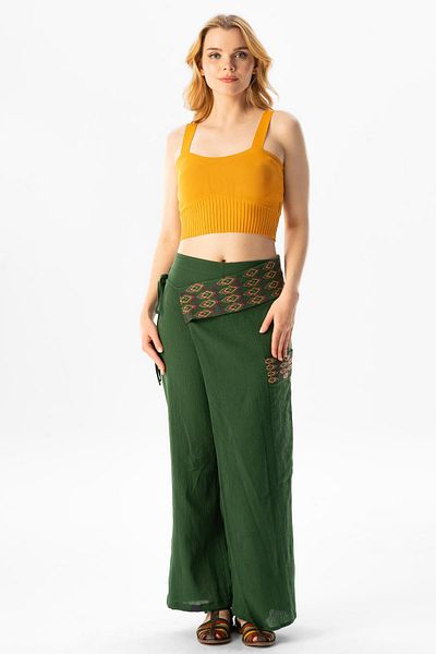 Eliş Şile Bezi Green Embroidered Sile Cloth Authentic Trousers - Summer with Tie Detail