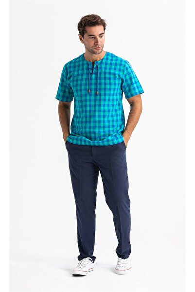 Eliş Şile Bezi Ανδρικό καλοκαιρινό μπλουζάκι με κοντό μανίκι, υφασμάτινο, με καρό, μέντα, 3033