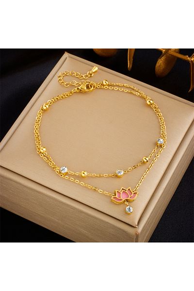 Choice B902 DIEYURO 316L Stainless Steel Pink Lotus Flower Anklets For Women Girl New Trend Multi-layer Cha