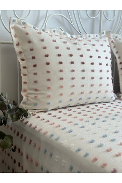 Decamor home Lale Model Ekru Pembe Mavi Yatak Örtüsü / Pike Takımı Çift Kişilik
