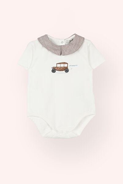 Panço Erkek Bebek Yakalı Araba Baskılı Kısa Kollu Ekru Body