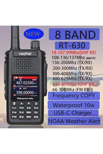 radtel جهاز راديو هواة Radtel RT-630 مقاوم للماء بمقبس USB، 8 نطاقات، نطاق هوائي للطيران، Ham/CB/SSB/AM/FM/UHF/VHF